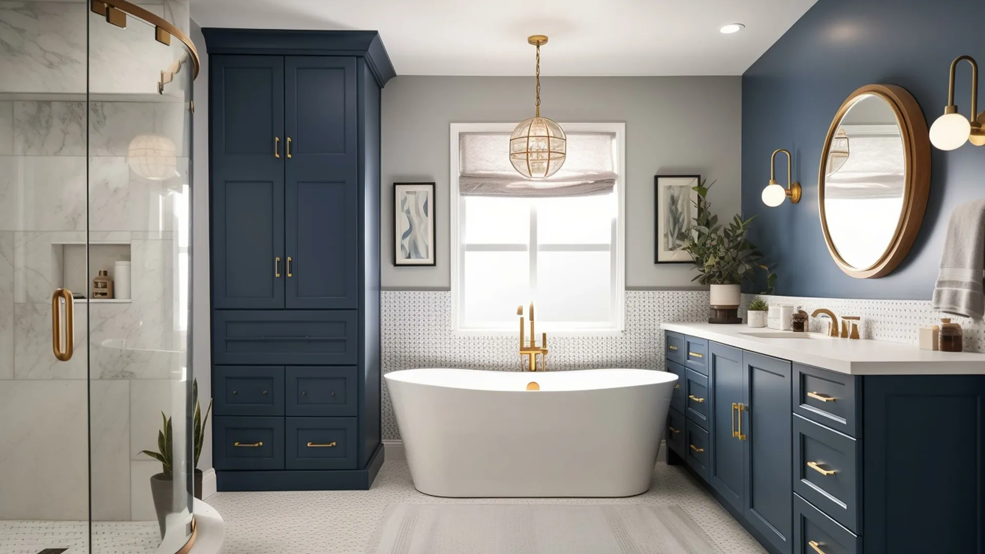 Luxury bathroom with soaking tub, gold accents, and professionally painted dark blue cabinets
