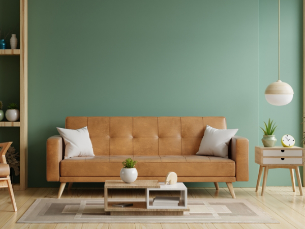 Modern leather couch in front of green painted wall with coffee table