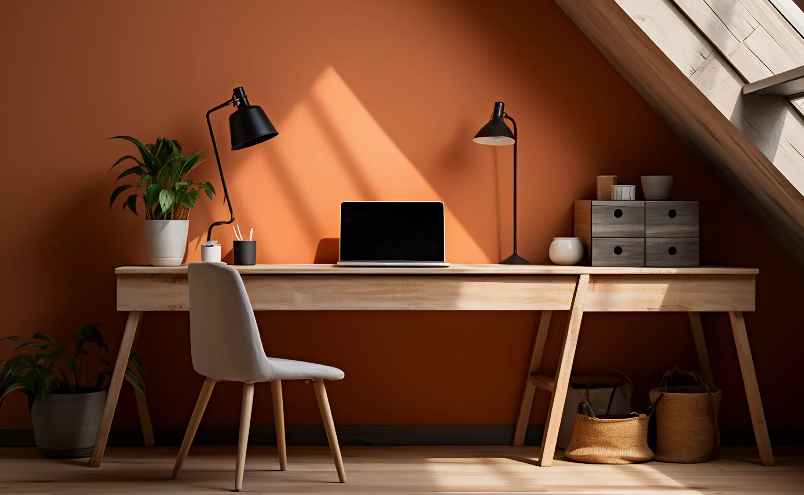 contemporary home office interior design with warm orange paint on interior walls