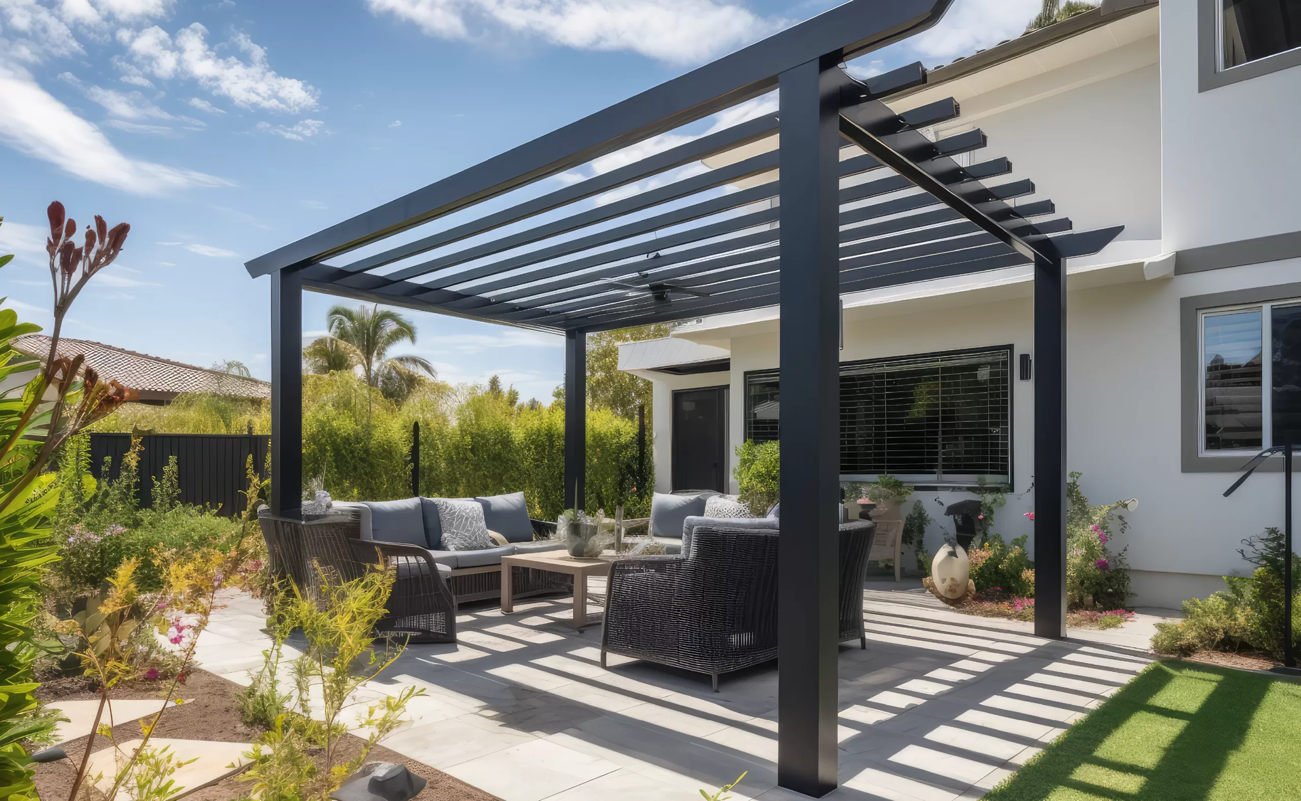 painted pergola and home exterior