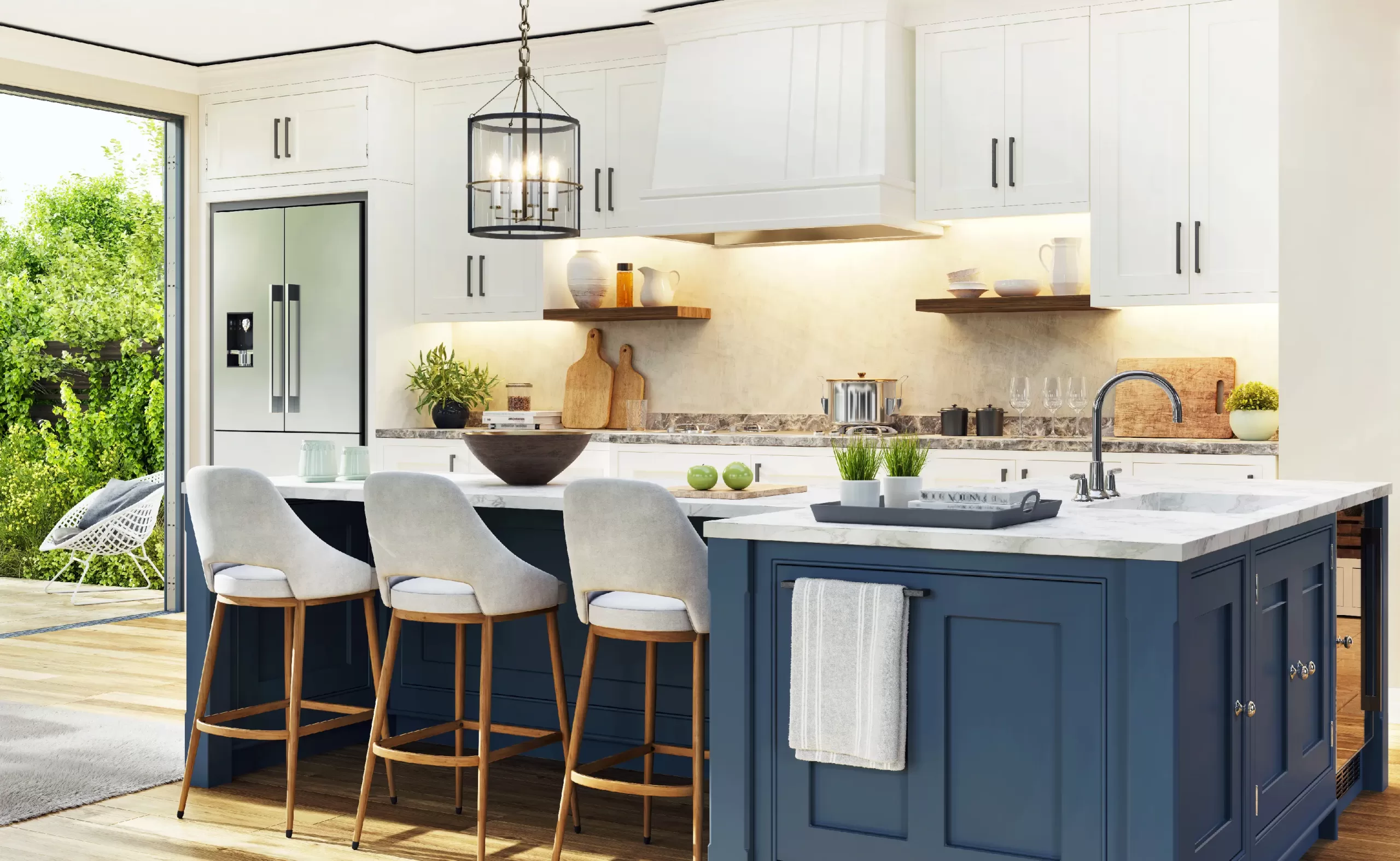 blue and creme color painted kitchen cabinets